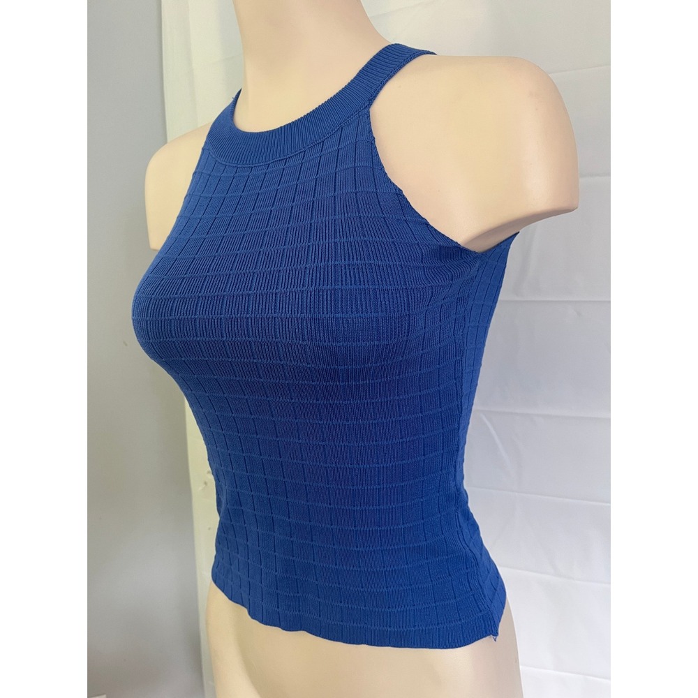 Royal Blue Textured Grid Knit High Neck Halter Tank Top Sleeveless Ribbed Shirt
